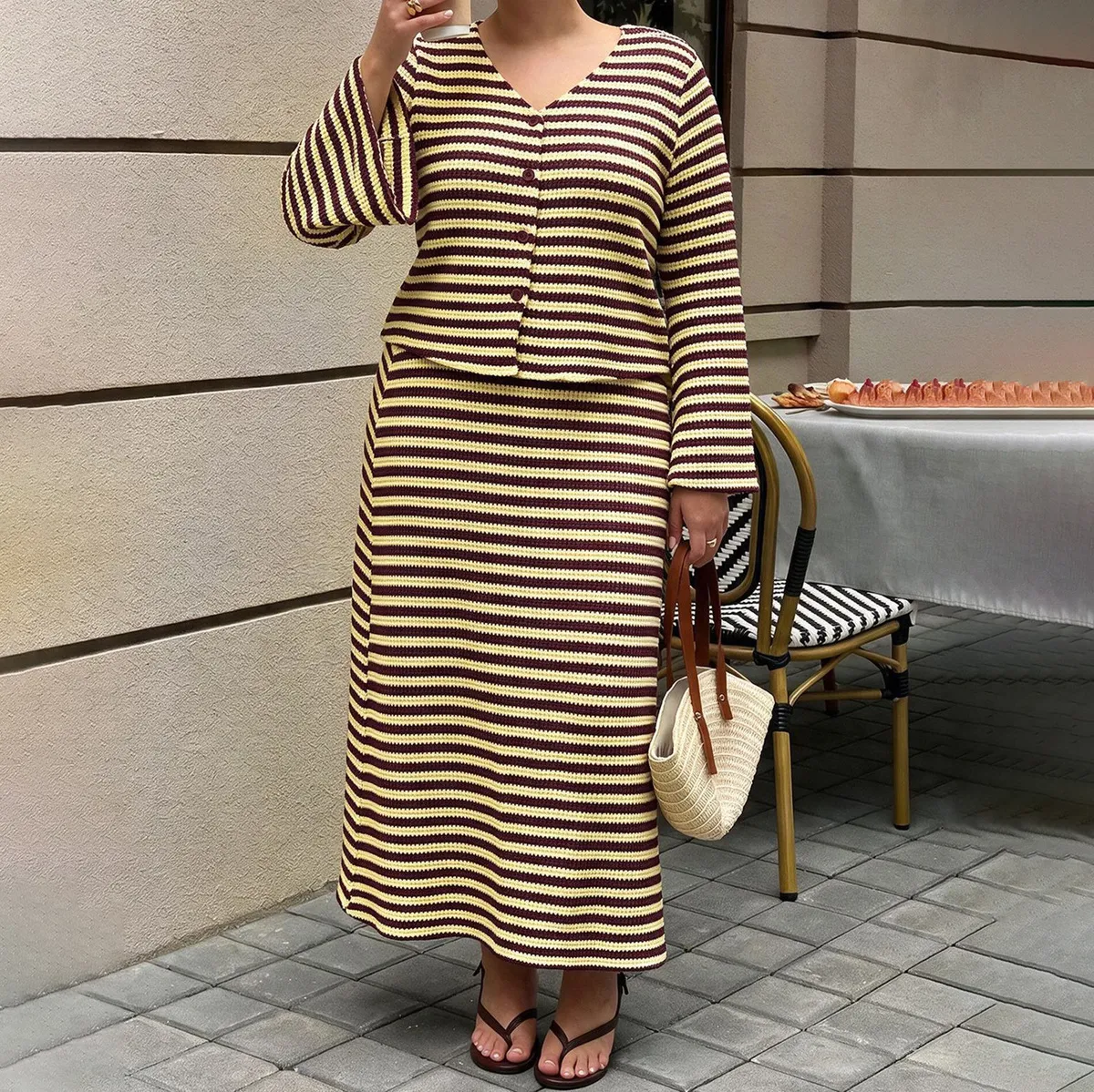 Women Fashion Casual Plus Size Autumn Stripe V-Neck Horn Sleeve Top High Waist Loose Maxi Skirt Two-Piece Set