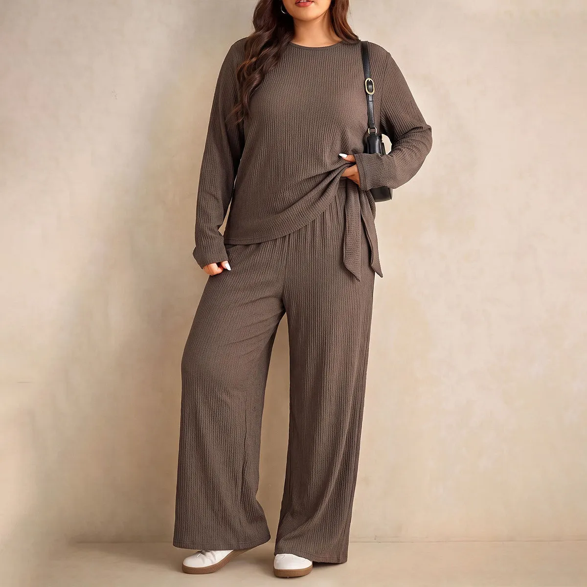 Women Fashion Casual Plus Size Solid Color Long-Sleeve Top Wide-Leg Pants Two-Piece Set