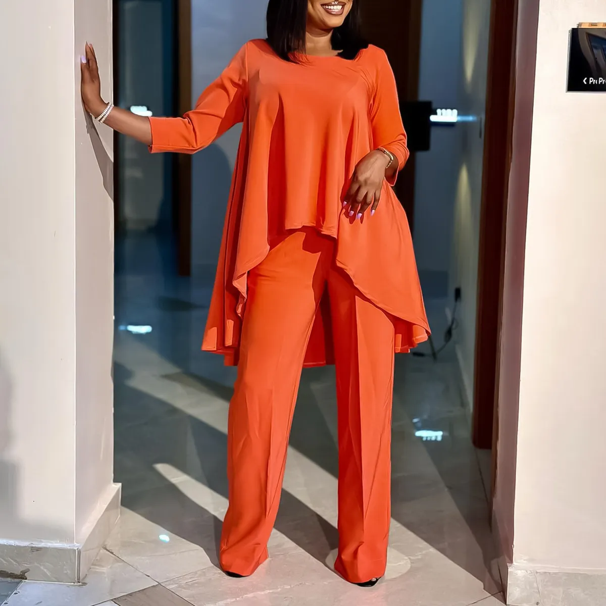 Women Fashion Elegant Plus Size Autumn Solid Color Long Sleeve Top Wide Leg Pants Two-Piece Set
