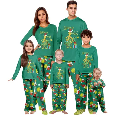 Fashion Cartoon Christmas Print Round Neck Long Sleeve Family Matching Pajamas Set