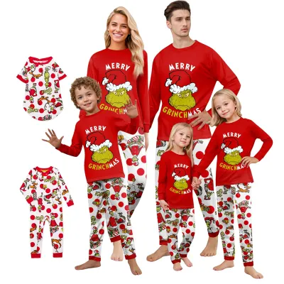 Fashion Cartoon Christmas Print Round Neck Long Sleeve Family Matching Pajamas Set