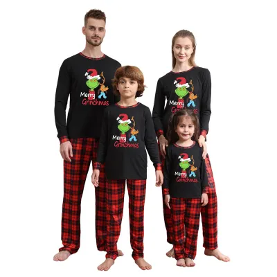 Fashion Cartoon Christmas Print Round Neck Long Sleeve Family Matching Pajamas Set