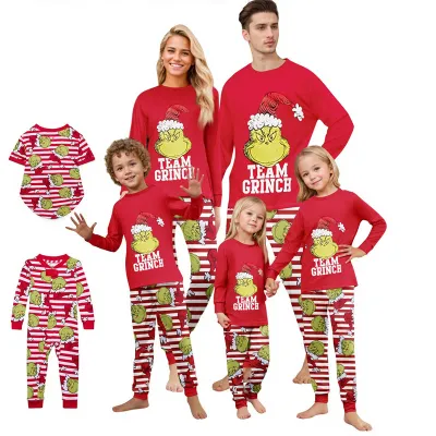 Fashion Cartoon Christmas Print Round Neck Long Sleeve Family Matching Pajamas Set