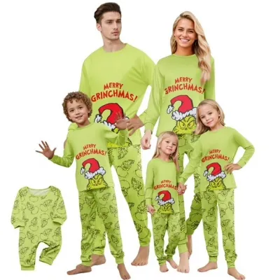 Fashion Cartoon Christmas Print Round Neck Long Sleeve Family Matching Pajamas Set