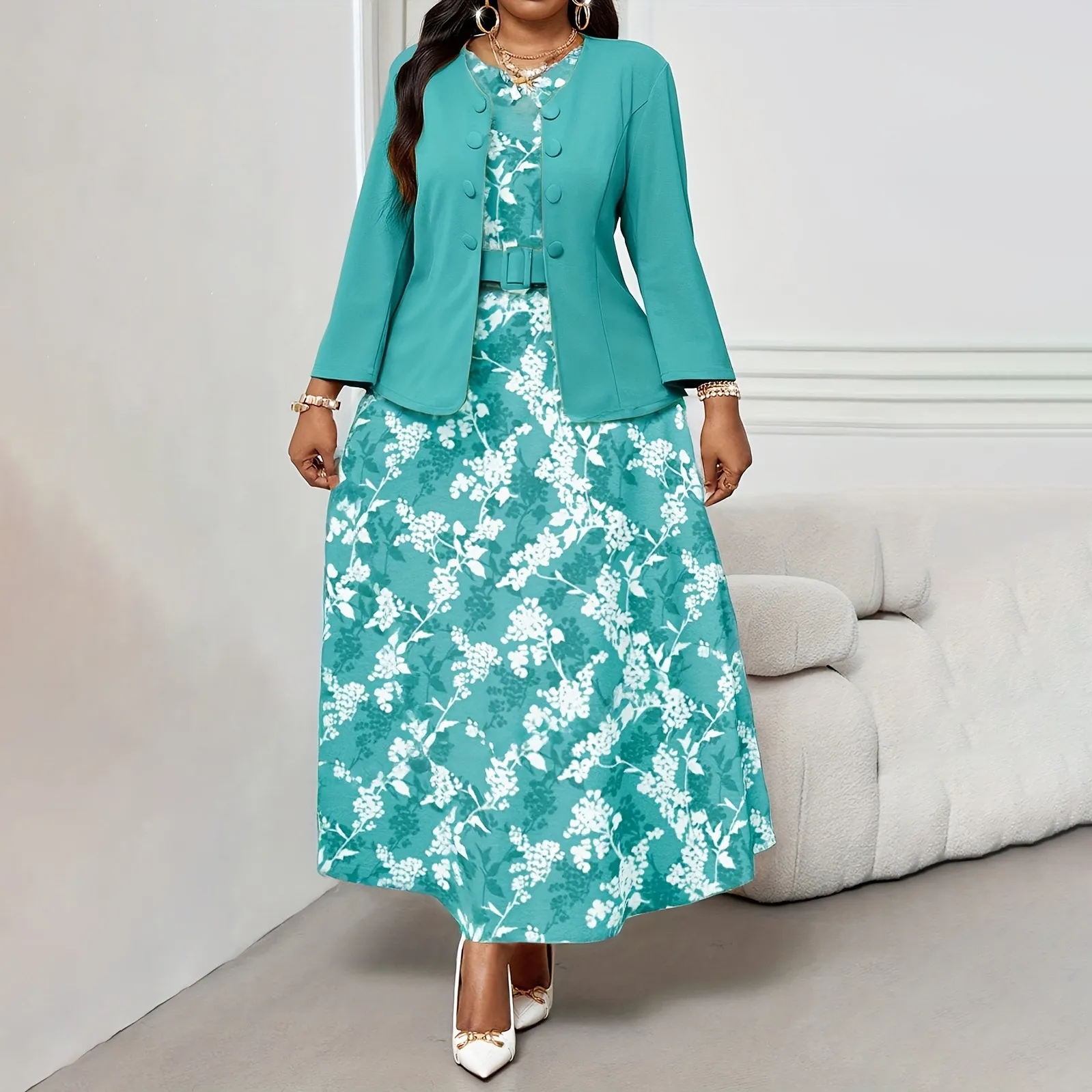 Women Fashion Casual Plus Size Autumn Printed Round Neck Sleeveless A-Line Dress Long-Sleeve Jacket Two-Piece Set
