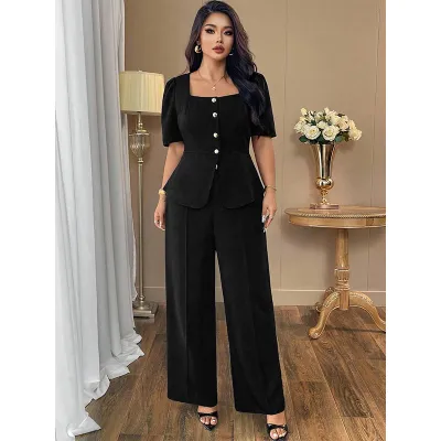 Women Fashion Casual Plus Size Autumn Solid Color Square Collar Tight Waist Top Straight Wide Leg Pants Two-Piece Set