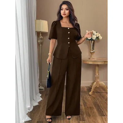 Women Fashion Casual Plus Size Autumn Solid Color Square Collar Tight Waist Top Straight Wide Leg Pants Two-Piece Set