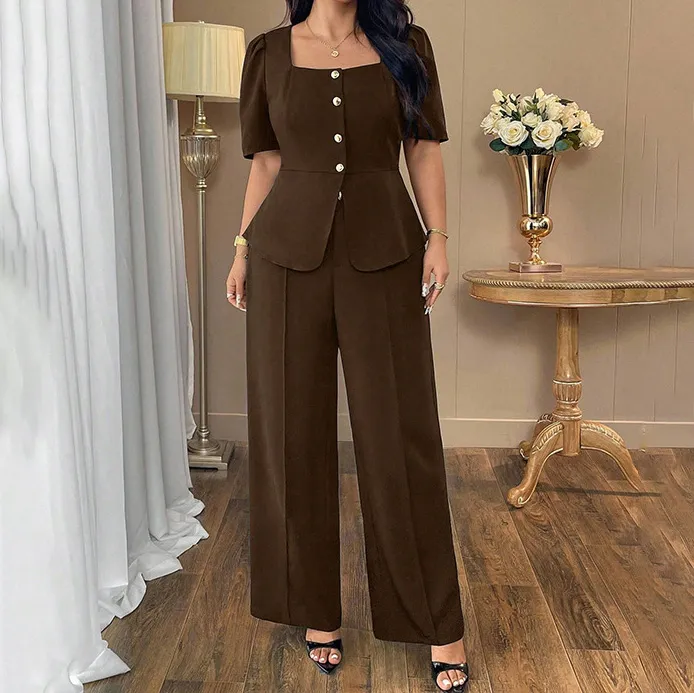 Women Fashion Casual Plus Size Autumn Solid Color Square Collar Tight Waist Top Straight Wide Leg Pants Two-Piece Set