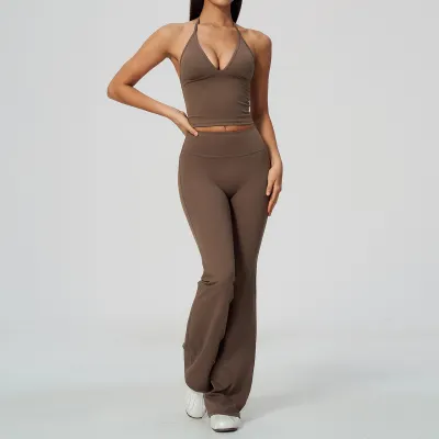 Women Fashion Casual Solid Color Hanging Neck Camisole Slim-Fit High-Elastic Flared Pants Breathable Sports Two-Piece Set