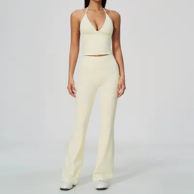 Women Fashion Casual Solid Color Hanging Neck Camisole Slim-Fit High-Elastic Flared Pants Breathable Sports Two-Piece Set