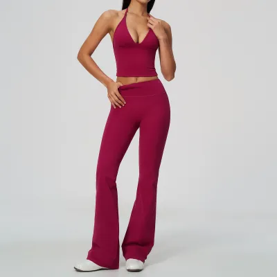 Women Fashion Casual Solid Color Hanging Neck Camisole Slim-Fit High-Elastic Flared Pants Breathable Sports Two-Piece Set