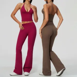 Women Fashion Casual Solid Color Hanging Neck Camisole Slim-Fit High-Elastic Flared Pants Breathable Sports Two-Piece Set