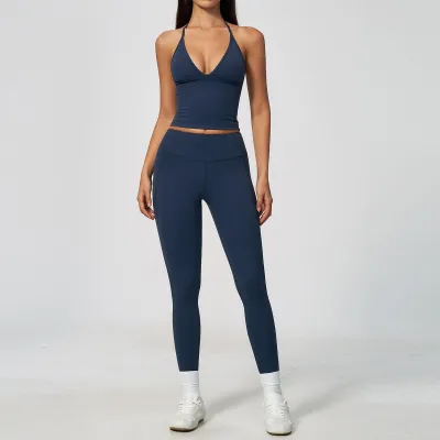 Women Fashion Solid Color Hanging Neck Shock-Proof Camisole High Elastic Tight Leggings Yoga Two-Piece Set