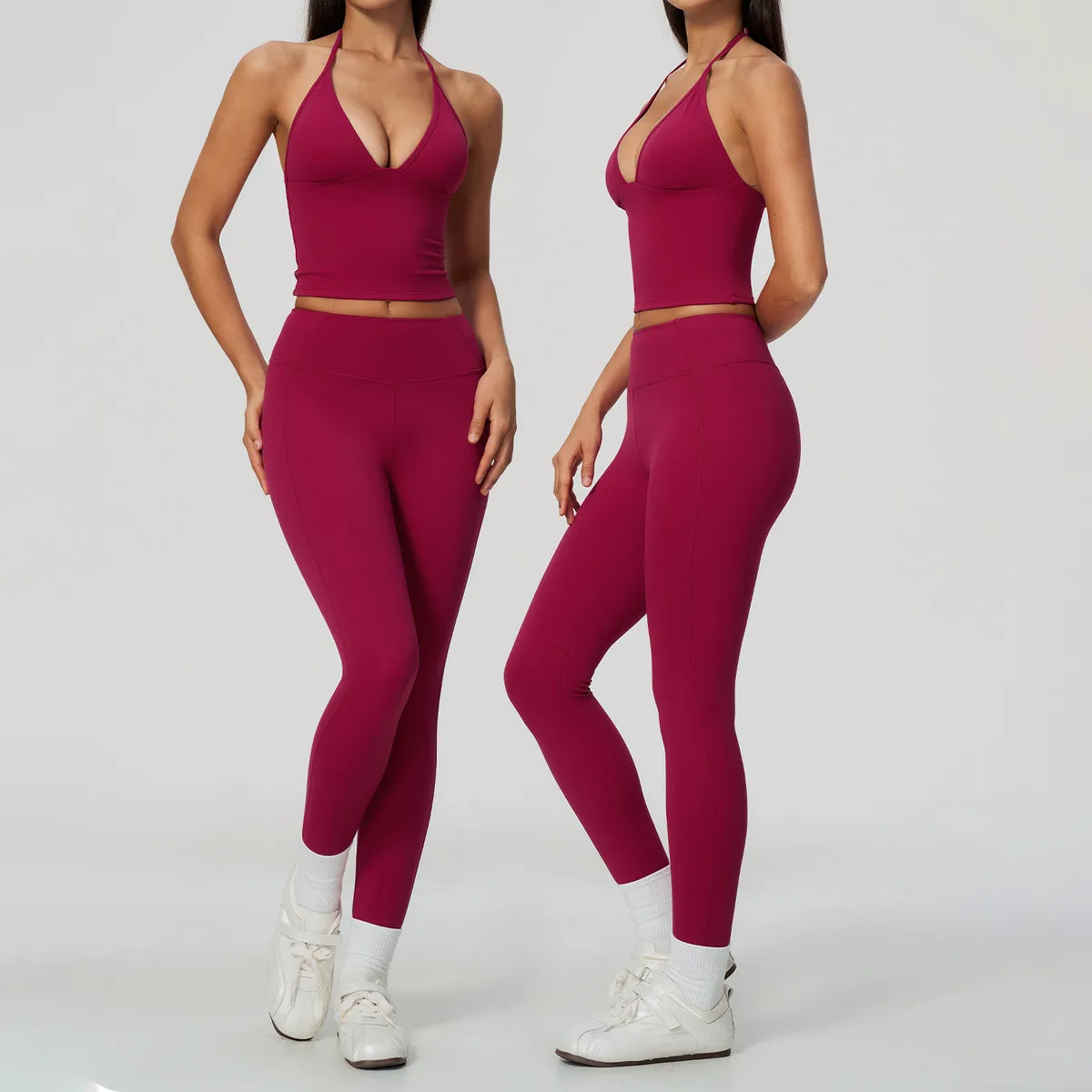 Women Fashion Solid Color Hanging Neck Shock-Proof Camisole High Elastic Tight Leggings Yoga Two-Piece Set