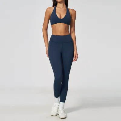Women Fashion Solid Color Hanging Neck Deep V Backless Bra Tight Leggings Sports Two-Piece Set
