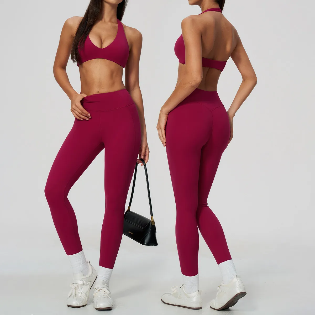 Women Fashion Solid Color Hanging Neck Deep V Backless Bra Tight Leggings Sports Two-Piece Set
