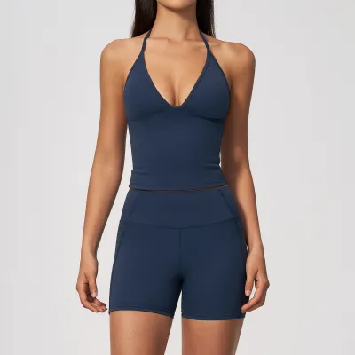 Women Fashion Solid Color Halter-Neck Backless Camisole Slim-Fit High Waist Shorts Sports Two-Piece Set