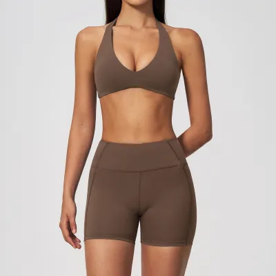 Women Fashion Solid Color Halter-Neck Bra High Waist Shorts Sports Two-Piece Set