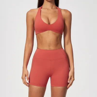 Women Fashion Solid Color Halter-Neck Bra High Waist Shorts Sports Two-Piece Set