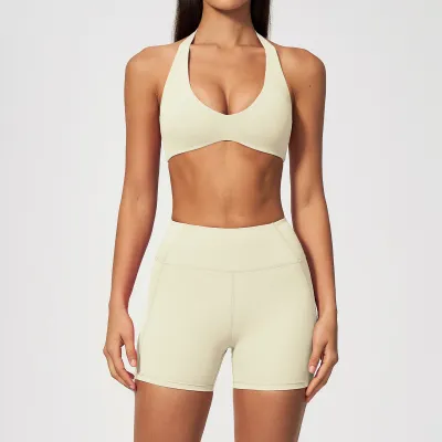 Women Fashion Solid Color Halter-Neck Bra High Waist Shorts Sports Two-Piece Set