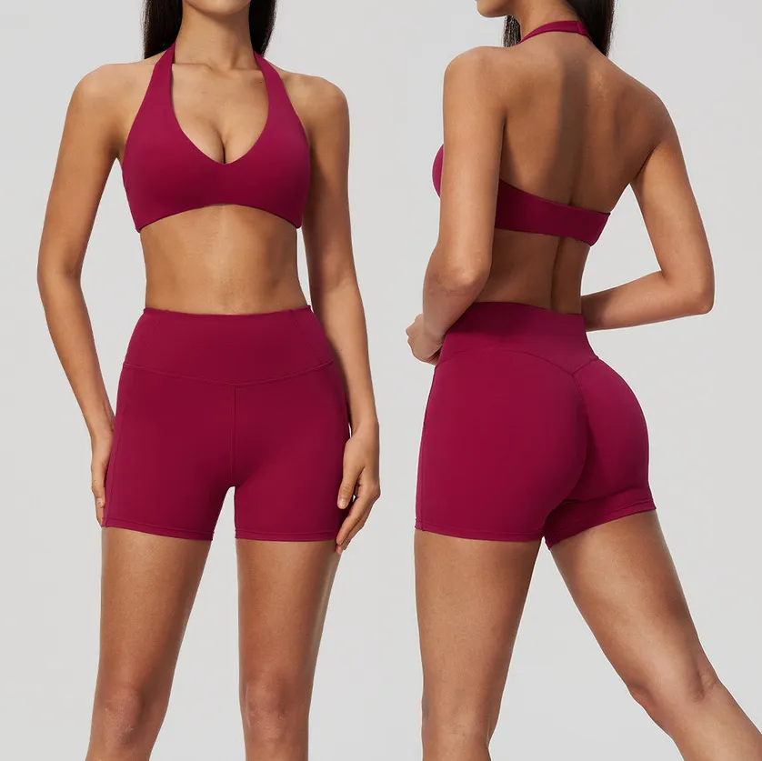 Women Fashion Solid Color Halter-Neck Bra High Waist Shorts Sports Two-Piece Set