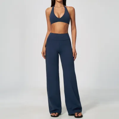 Women Fashion Solid Color Sanding Halter-Neck Bra With Chest Pad Straight Pants Sports Two-Piece Set