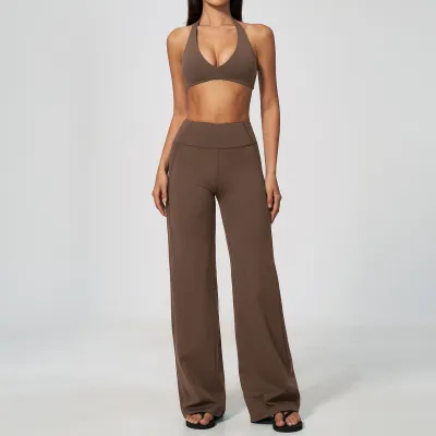 Women Fashion Solid Color Sanding Halter-Neck Bra With Chest Pad Straight Pants Sports Two-Piece Set