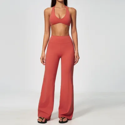 Women Fashion Solid Color Sanding Halter-Neck Bra With Chest Pad Straight Pants Sports Two-Piece Set