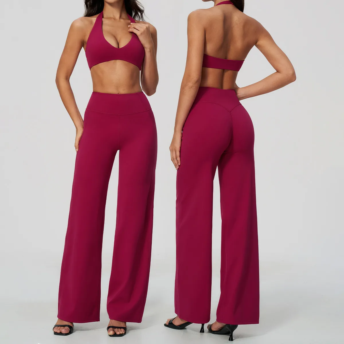 Women Fashion Solid Color Sanding Halter-Neck Bra With Chest Pad Straight Pants Sports Two-Piece Set