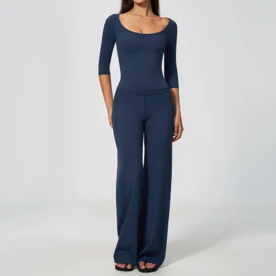Women Fashion Casual Solid Color Long-Sleeve T-Shirt Loose High-Elastic Pants Yoga Sports Two-Piece Set