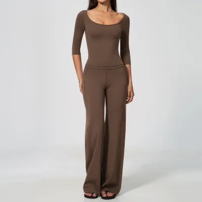 Women Fashion Casual Solid Color Long-Sleeve T-Shirt Loose High-Elastic Pants Yoga Sports Two-Piece Set
