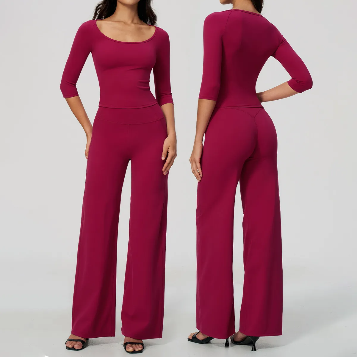 Women Fashion Casual Solid Color Long-Sleeve T-Shirt Loose High-Elastic Pants Yoga Sports Two-Piece Set