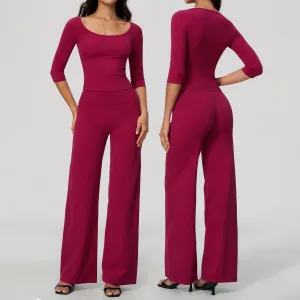 Women Fashion Casual Solid Color Long-Sleeve T-Shirt Loose High-Elastic Pants Yoga Sports Two-Piece Set