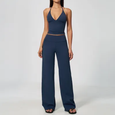 Women Fashion Solid Color Sanding Deep V Halter-Neck Camisole Breathable Straight Pants Sports Two-Piece Set