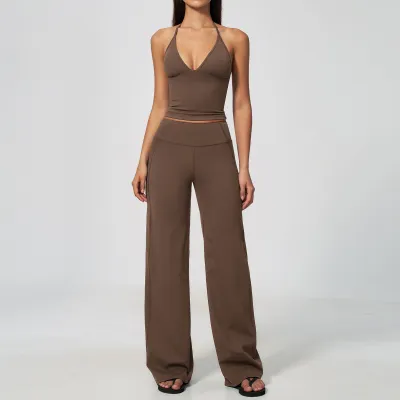 Women Fashion Solid Color Sanding Deep V Halter-Neck Camisole Breathable Straight Pants Sports Two-Piece Set