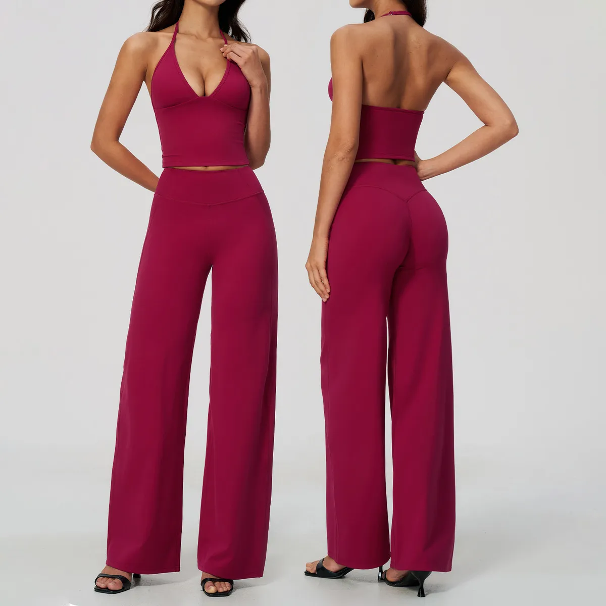 Women Fashion Solid Color Sanding Deep V Halter-Neck Camisole Breathable Straight Pants Sports Two-Piece Set