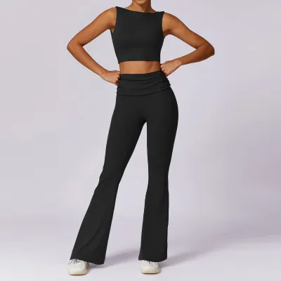 Women Fashion Spring Naked Solid Color Backless Tank Top Pants Breathable Quick-Drying Sports Two-Piece Set