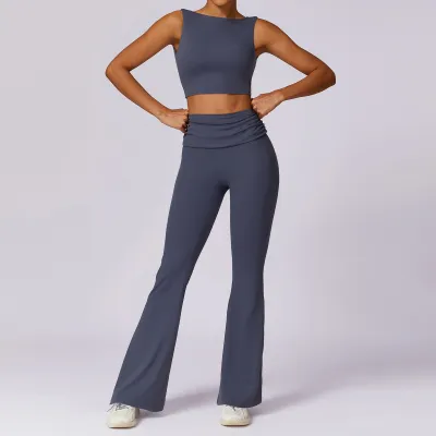 Women Fashion Spring Naked Solid Color Backless Tank Top Pants Breathable Quick-Drying Sports Two-Piece Set