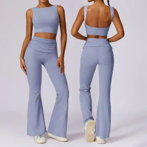 Women Fashion Spring Naked Solid Color Backless Tank Top Pants Breathable Quick-Drying Sports Two-Piece Set