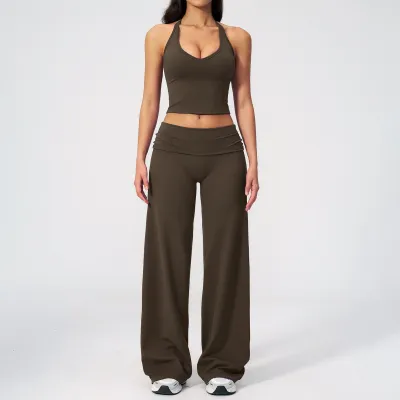 Women Fashion Casual Solid Color Halter-Neck Backless Tank Top Waist Pants Yoga Sports Two-Piece Set