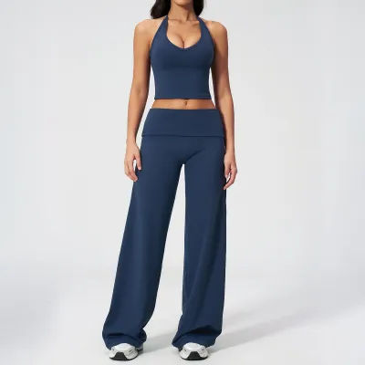 Women Fashion Casual Solid Color Halter-Neck Backless Tank Top Waist Pants Yoga Sports Two-Piece Set