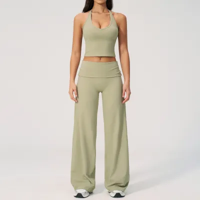 Women Fashion Casual Solid Color Halter-Neck Backless Tank Top Waist Pants Yoga Sports Two-Piece Set