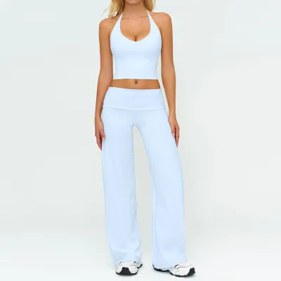 Women Fashion Casual Solid Color Halter-Neck Backless Tank Top Waist Pants Yoga Sports Two-Piece Set