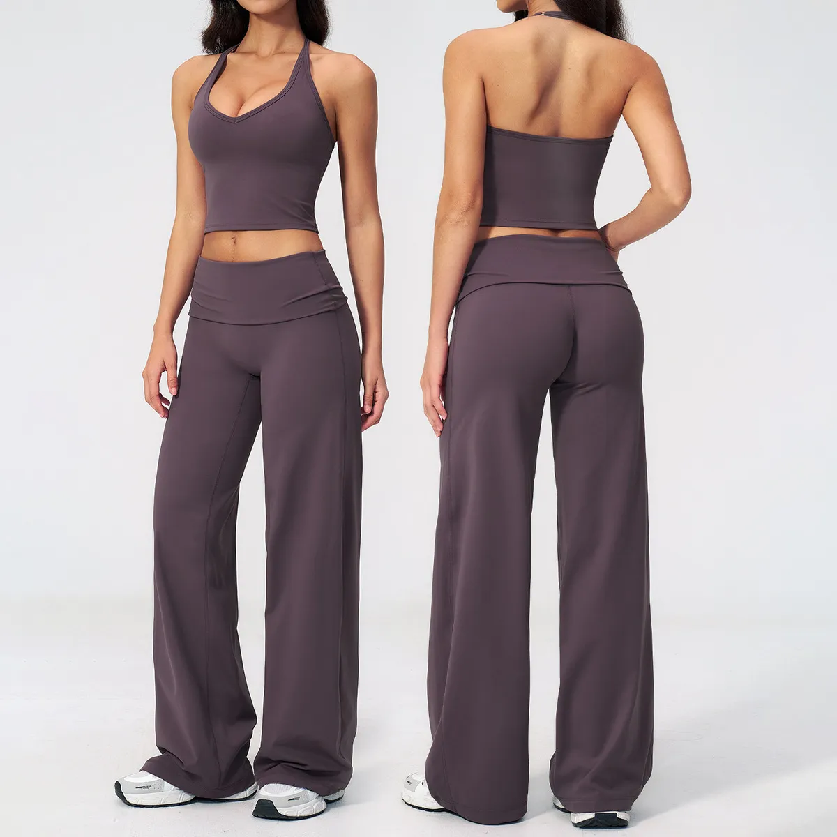 Women Fashion Casual Solid Color Halter-Neck Backless Tank Top Waist Pants Yoga Sports Two-Piece Set