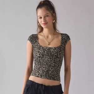Women Fashion Sexy Summer Leopard Square-Neck Rib Slim-Fit Stretch Crop Top