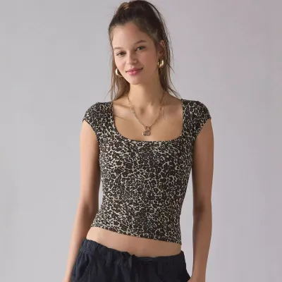 Women Fashion Sexy Summer Leopard Square-Neck Rib Slim-Fit Stretch Crop Top