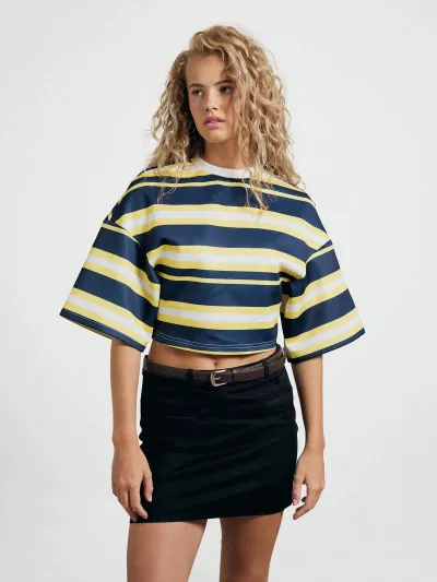 Women Fashion Casual Stripe Short-Sleeve Loose Crop Top