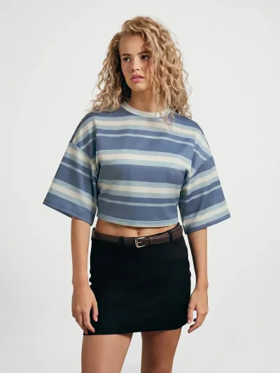 Women Fashion Casual Stripe Short-Sleeve Loose Crop Top