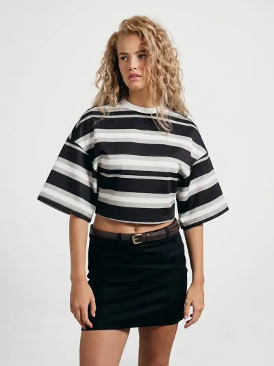 Women Fashion Casual Stripe Short-Sleeve Loose Crop Top