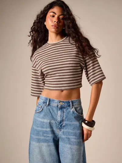 Women Fashion Casual Stripe Short-Sleeve Loose Crop Top